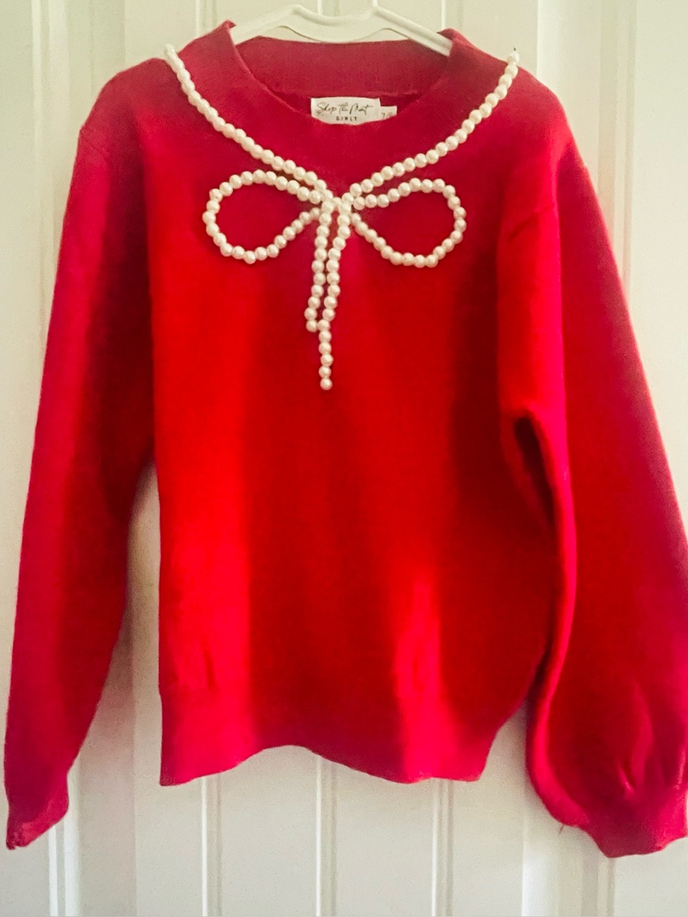 Shop The Mint Girls Red Pearl Bow Sweater Size 7/8 Holiday Christmas - Picture 2 of 4